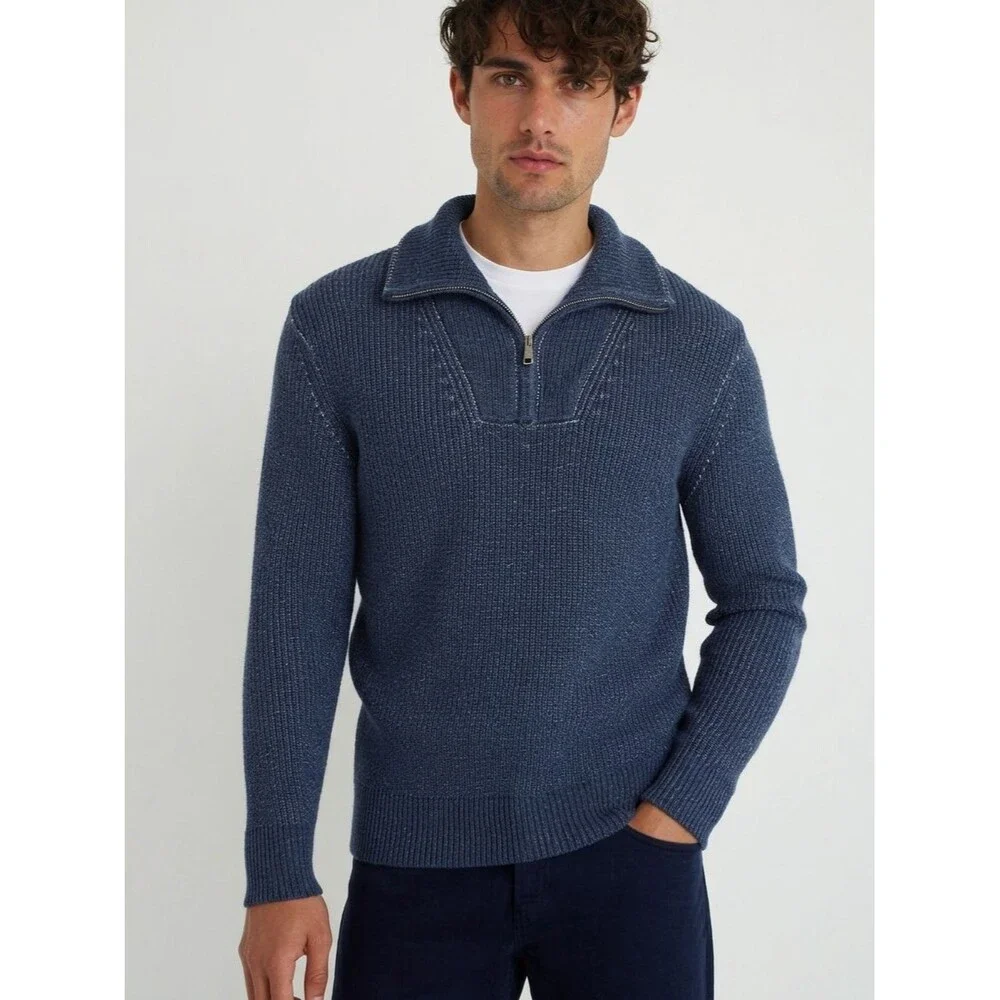 BLOOMINGDALES Sweater Mens Medium Blue Quarter Zip 100% Merino Wool $268